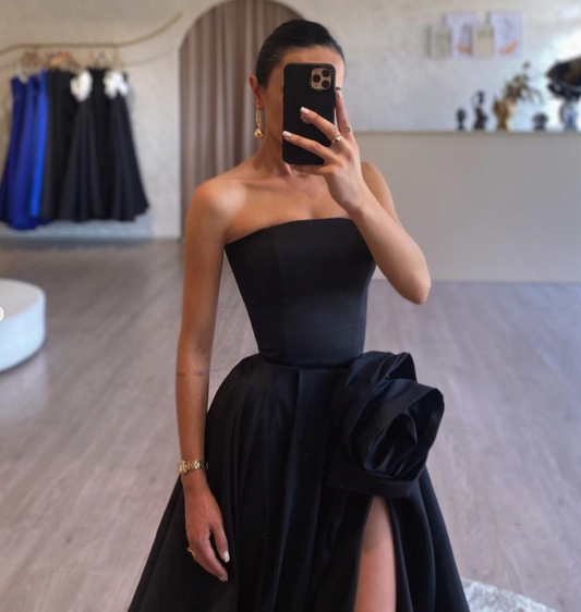 Simple Strapless Black A-Line 3D Floral Satin Prom Dress with Slit SP002