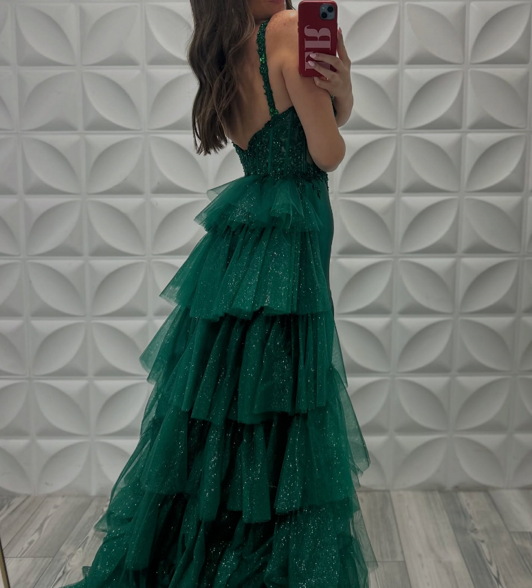 Elegant Appliques Green Sheath Satin Evening Dress with Tiered Overskirt LP028