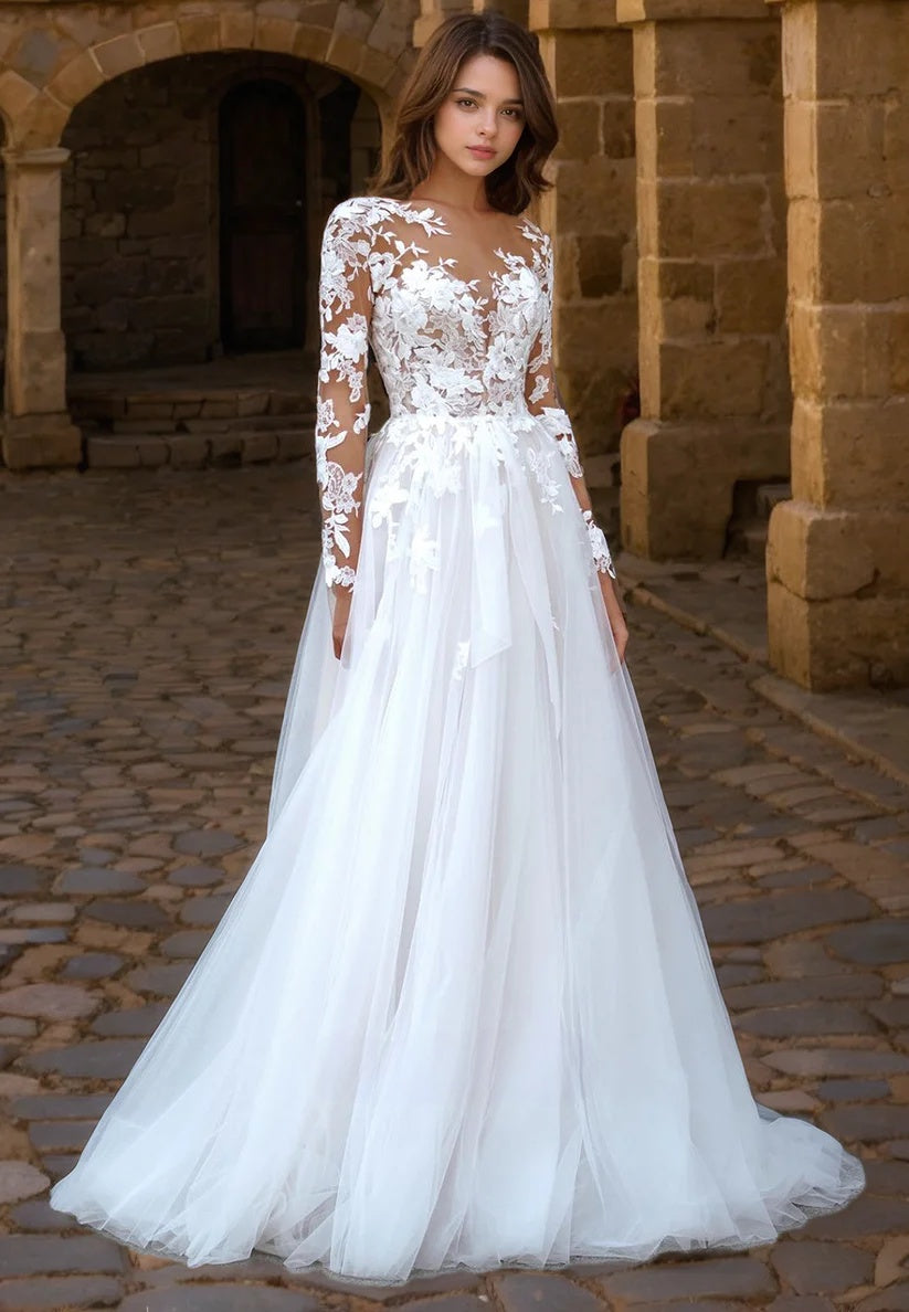 Romantic White Scoop Neck Long Sleeves A-Line Wedding Dress with Appliques WD001