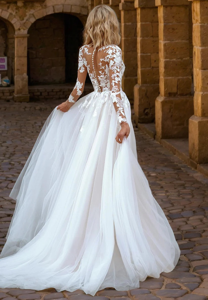 Romantic White Scoop Neck Long Sleeves A-Line Wedding Dress with Appliques WD001