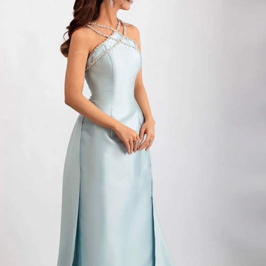Elegant Blue Beaded Cross-Neck Satin Prom Evening Dress with Overskirt SP086