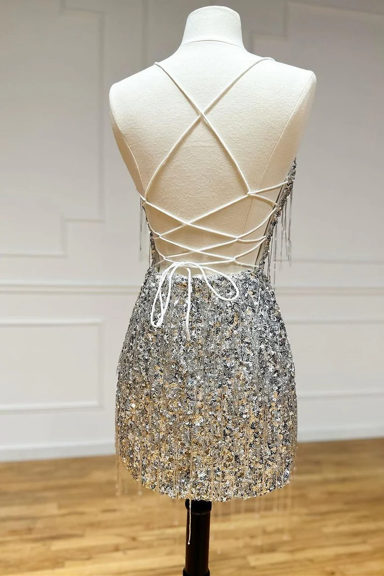 Spaghetti Straps Sequined Homecoming Dress Short Party Gown with Tassels HM126