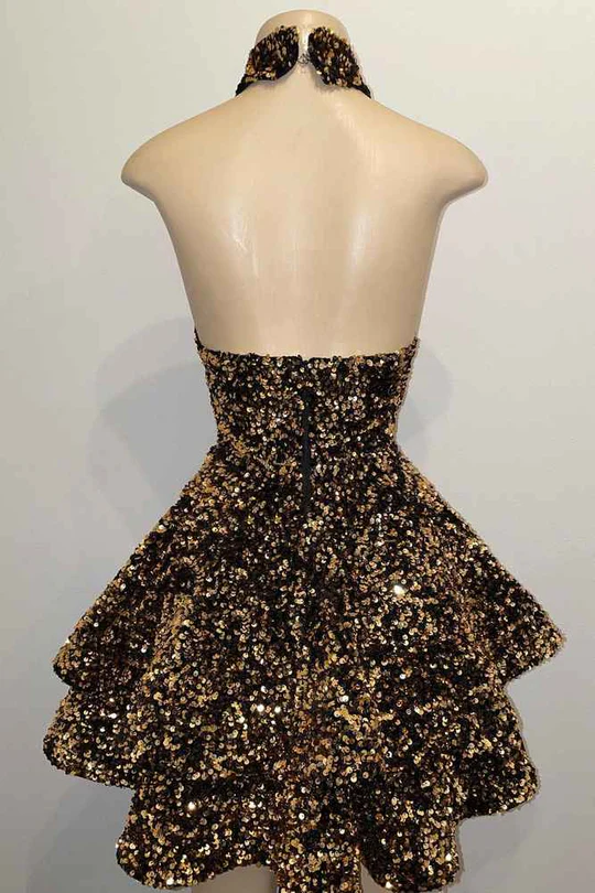 Gold Halter Keyhole A-Line Sequined Short Homecoming Dress HM127