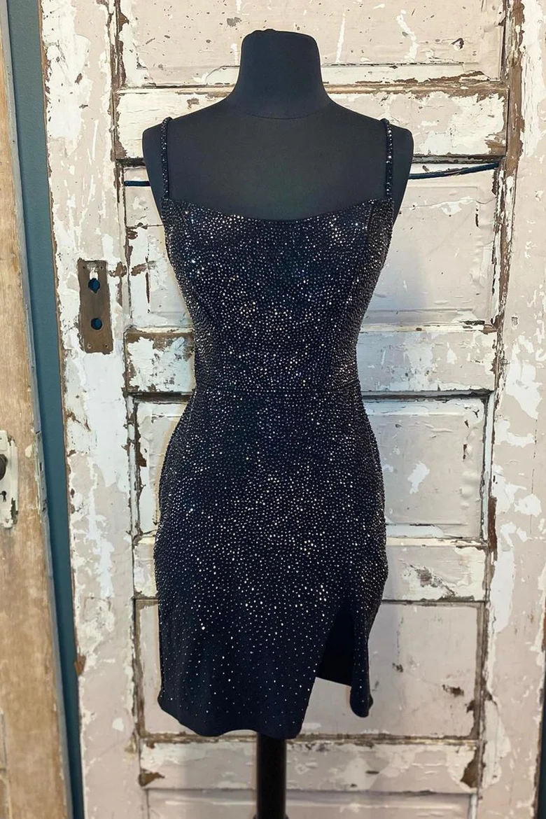 Sparkly Beaded paghetti Straps Tight Mini Homecoming Dress HM142