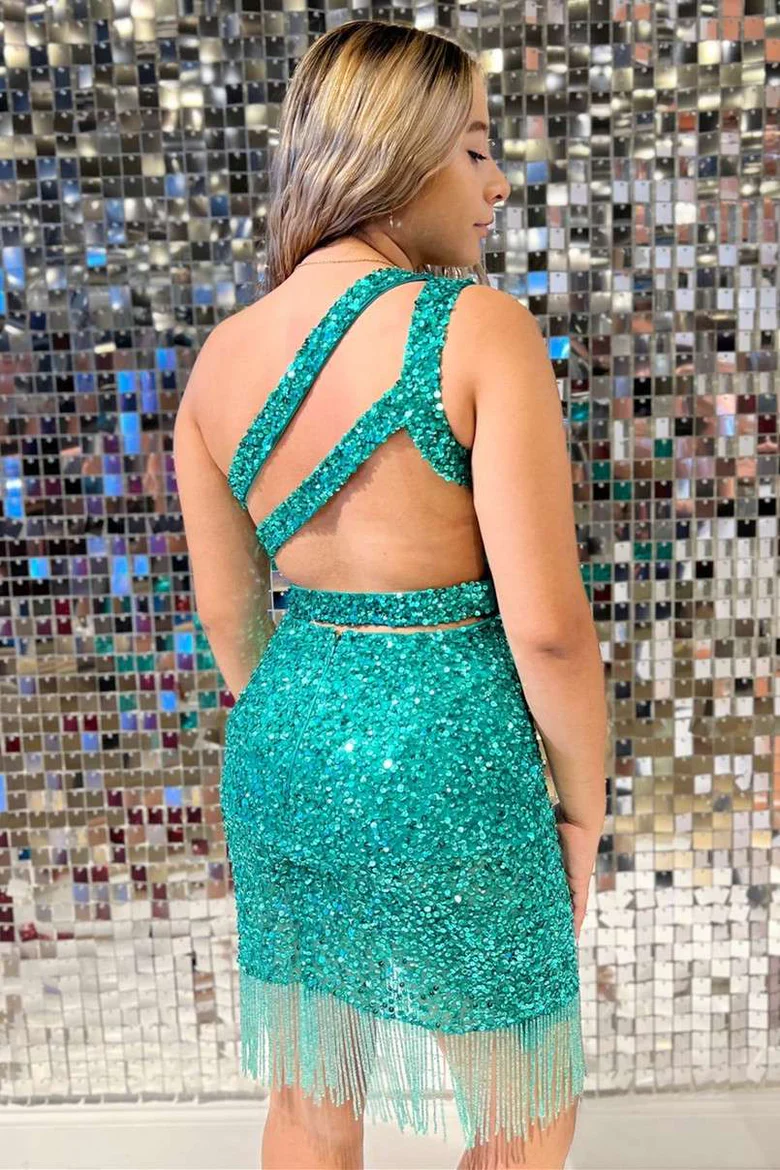 Luxury One Shoulder Sequin Bodycon Mini Homecoming Gown HM148