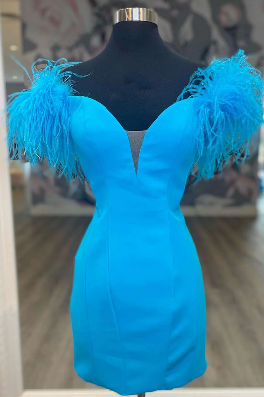 Elegant V-Neck Sheath Mini Homecoming Dress with Feathers HM157