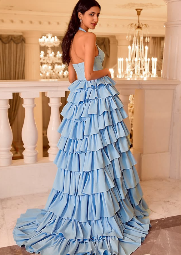 Gorgeous Blue Halter V-Neck A-Line Tiered Satin Prom Dress with Bow SP003