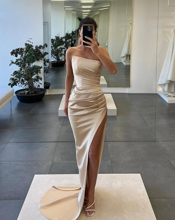 Simple Pink Tube Top Sheath Pleated Satin Prom Dress with Side Slit SP006