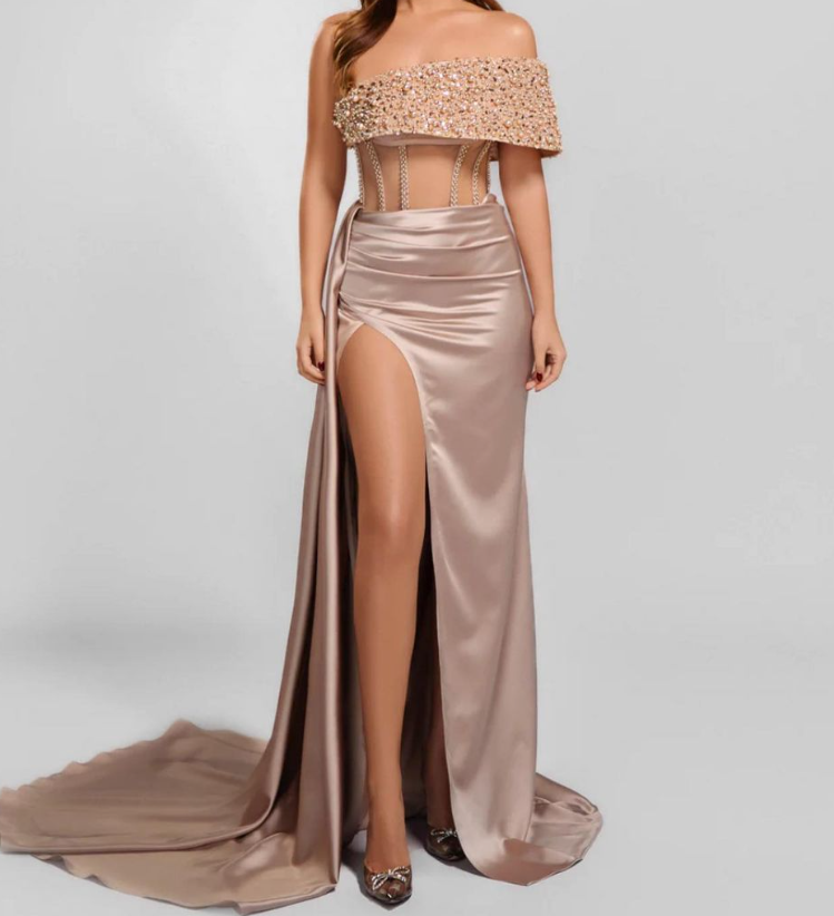 Sparkly Royal Blue One Shoulder Beaded Satin Prom Party Dress with Slit SP041