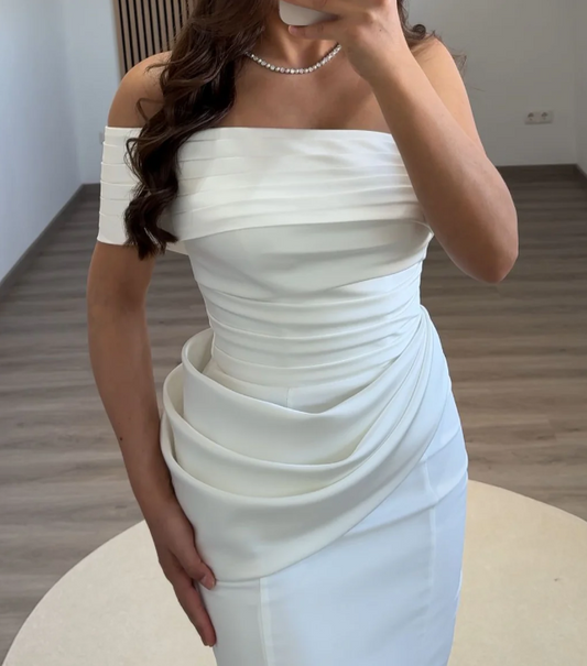 Simple White One Shoulder Mermaid Ruched Satin Prom Dress SP015