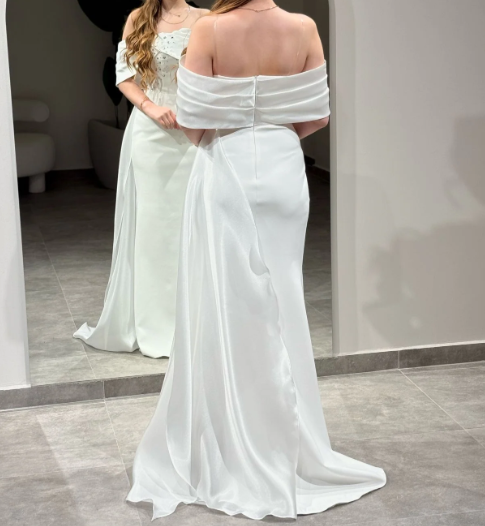 Graceful White Off-Shoulder Crystal Satin Formal Prom Dress with Overskirt SP043