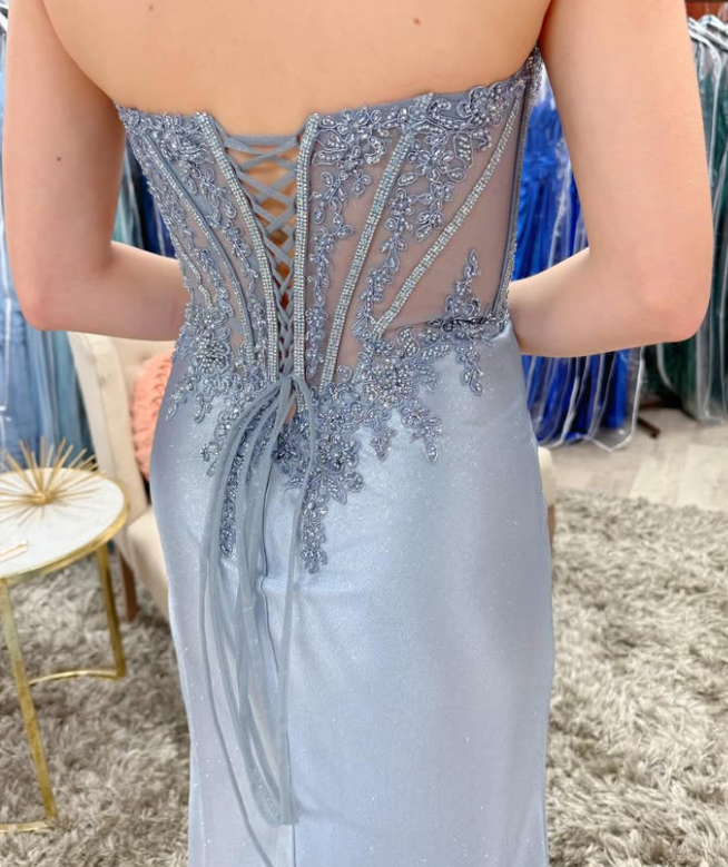 Luxury Beaded Blue Sleeveless High Slit Satin Prom Dress with Appliques LP010