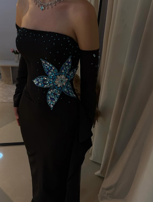 Luxury Crystal Black Strapless Mermaid Satin Prom Dress with Sleeves LP002