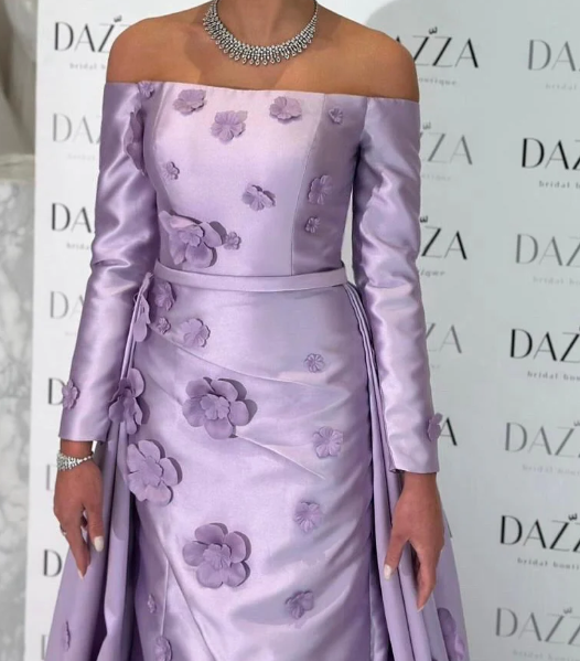 Elegant 3D Floral Pink Long Sleeves Satin Prom Dress with Overskirt LP014