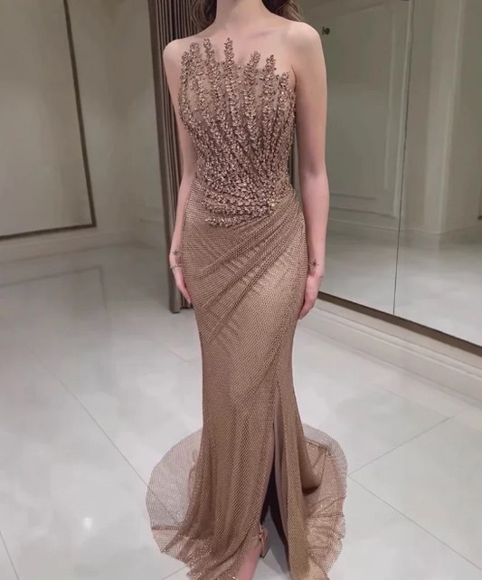 Chic Camel Crystal Strapless Mermaid Tulle Prom Dress with Train LP009