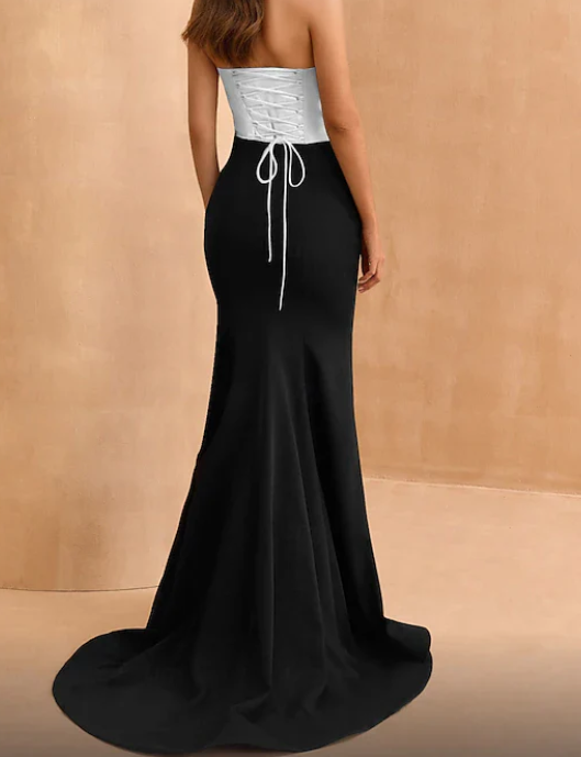 Simple Black&White Strapless Mermaid Prom Formal Dress with Train SP021