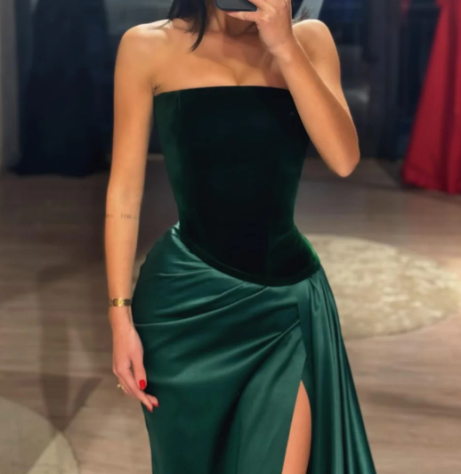 Simple Black&Green Tube Top Sleeveless Satin Prom Dress with Slit SP024