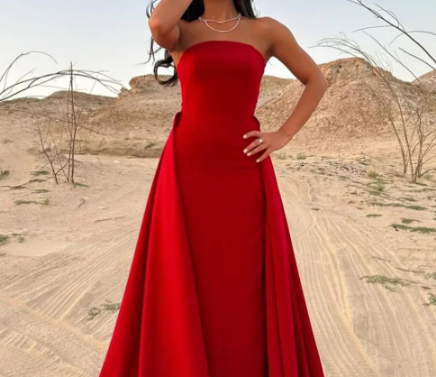 Elegant Red Strapless Sheath Satin Prom Dress Formal Gown with Overskirt SP027