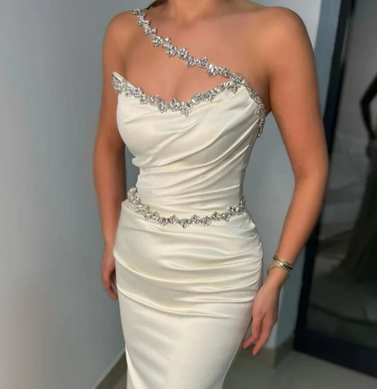 Stunning Crystal White One Shoulder Mermaid Satin Prom Dress SP029