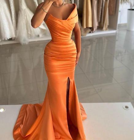 Classic Champagne One Shoulder Pleated Sheath Satin Prom Formal Gown SP030