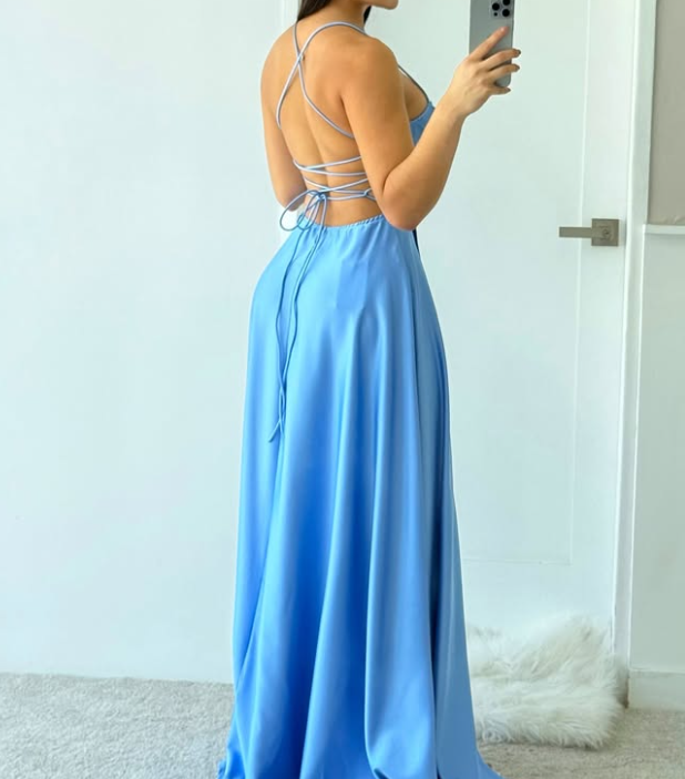 Simple Lavender Spaghetti Straps A-Line Satin Prom Dress with Slit SP039