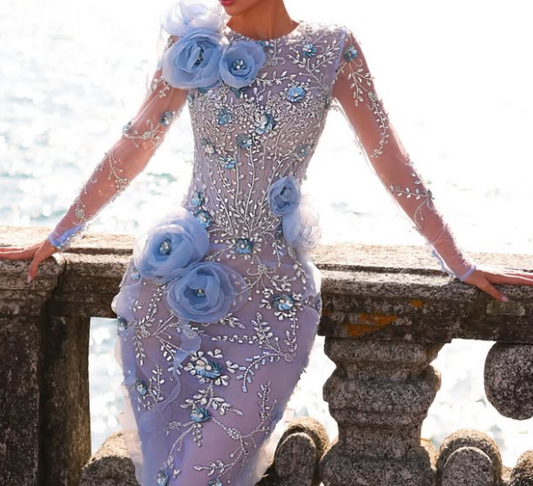 Glamorous 3D Floral Blue Crystal Long Sleeves Mermaid Prom Party Gown LP016