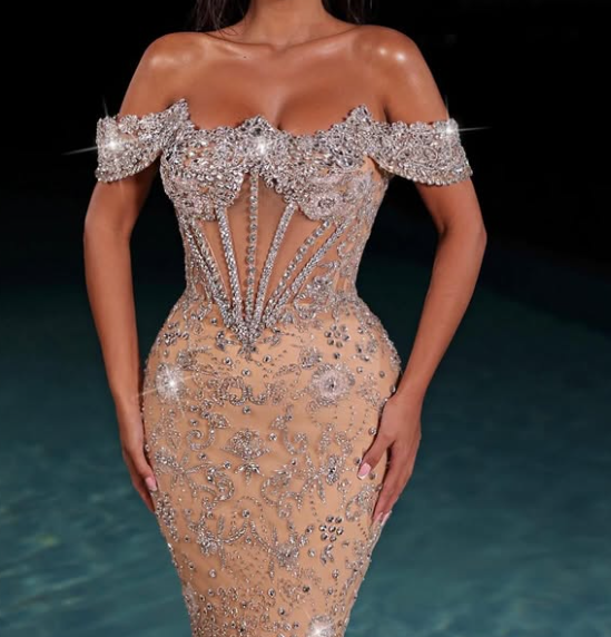 Stunning Off-Shoulder Champagne Sheath Prom Dress with Crystal LP019