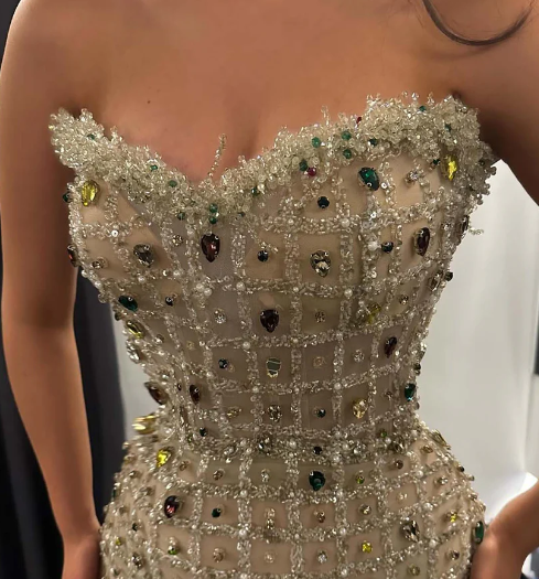 Luxury Crystal Champagne Strapless Sheath Evening Prom Gown LP021