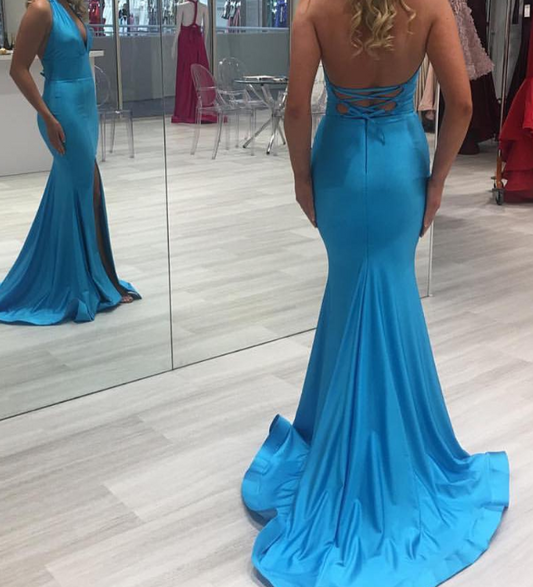 Classic Blue Halter V-Neck Mermaid Satin Prom Dress with Slit Party Gown SP058