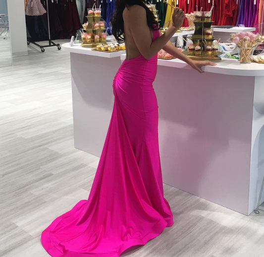 Elegant Fuchsia Halter V-Neck Mermaid Satin Prom Party Dress SP059