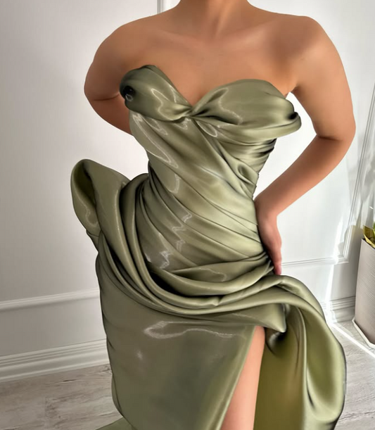 Charming Light Green Sweetheart Sheath Pleats Prom Formal Dress with Slit SP060