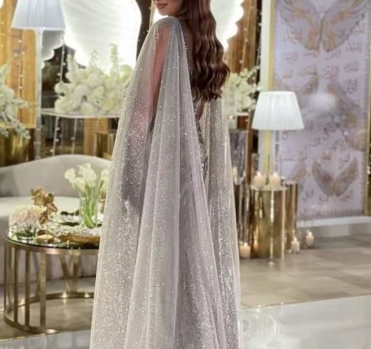Luxury Grey Feather Square Neck Beaded Evening Dress with Cape Sleeve AE019