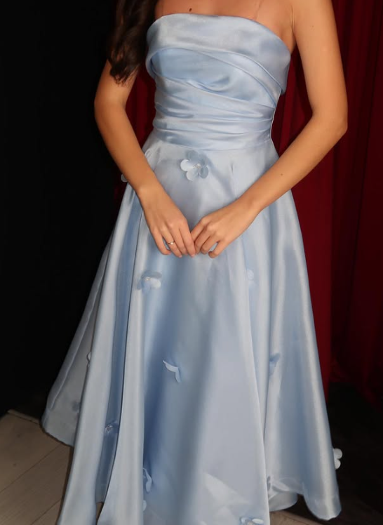 Elegant 3D Floral Sky Blue Tube Top A-Line Satin Prom Party Dress SP073