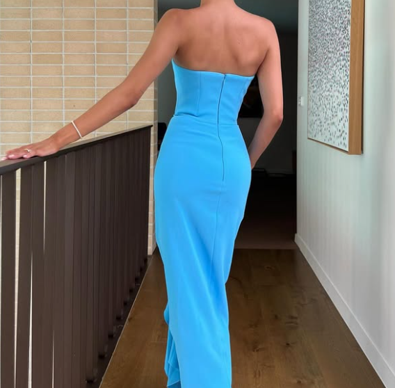 Classic Blue Tube Top Sleeveless Draped Chiffon Prom Dress SP091