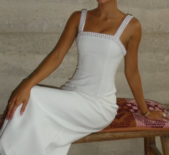 Simple Pearls White Square Neck Sheath Satin Prom Formal Dress SP096