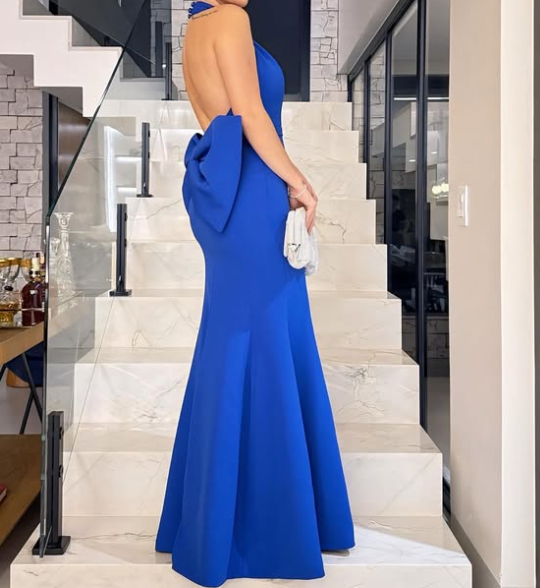Elegant Royal Blue Halter Neck Mermaid Prom Party Dress with Bow SP098