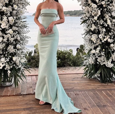 Simple Light Green Tube Top Mermaid Satin Prom Dress with Train SP099