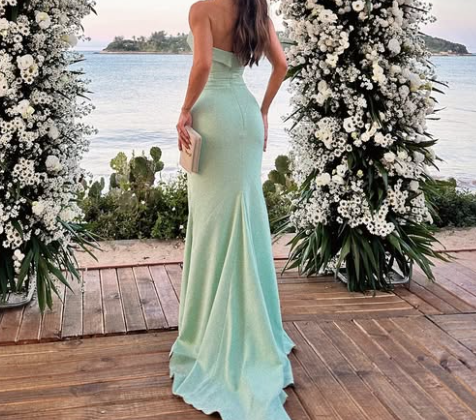 Simple Light Green Tube Top Mermaid Satin Prom Dress with Train SP099