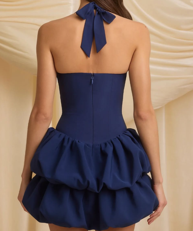 Elegant Navy Blue Halter Neck Bubble Mini Party Dress with Bow HM020