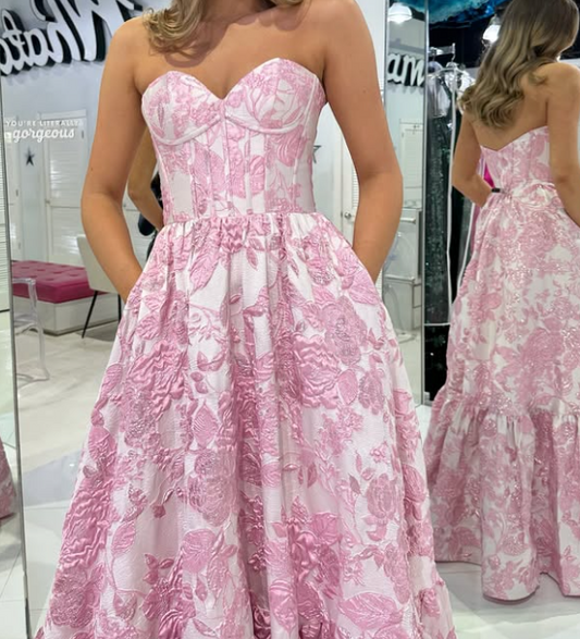 Graceful Pink Embroidered A-Line Sweetheart Evening Dress with Pockets LP026