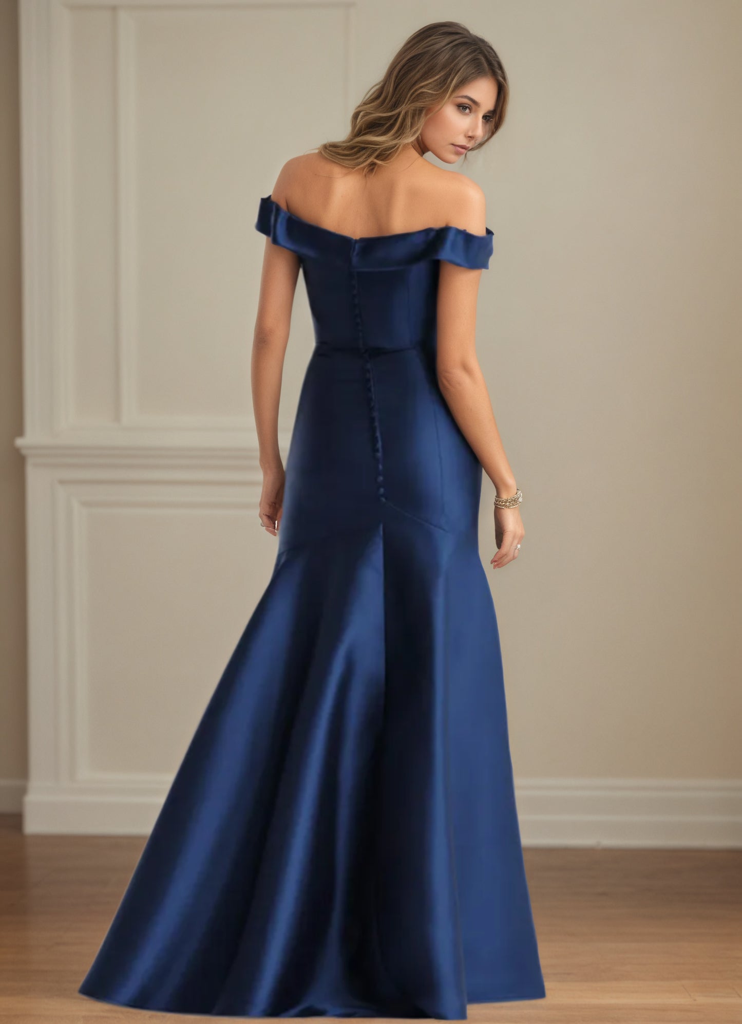 Elegant Navy Blue Off-Shoulder Mermaid Satin Mother of the Bride Dress MG001