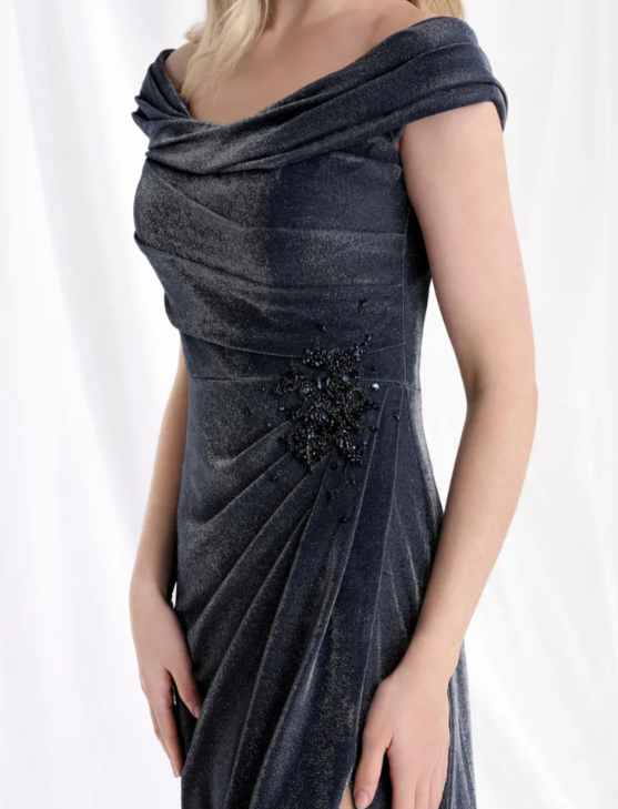 Graceful Navy Off-Shoulder Beaded Velvet Mother of the Bride MG002