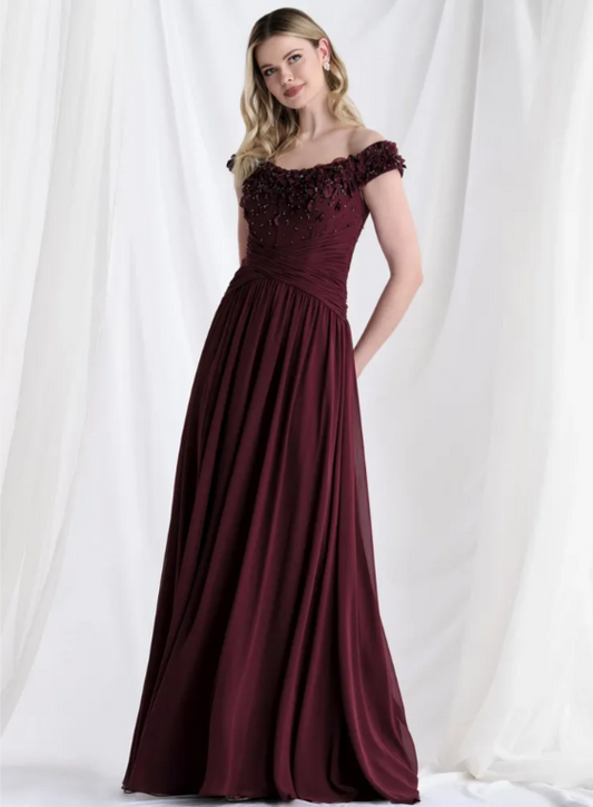 Elegant Cabernet 3D Beaded Floral Chiffon Pleated Mother of the Bride Dress MG003