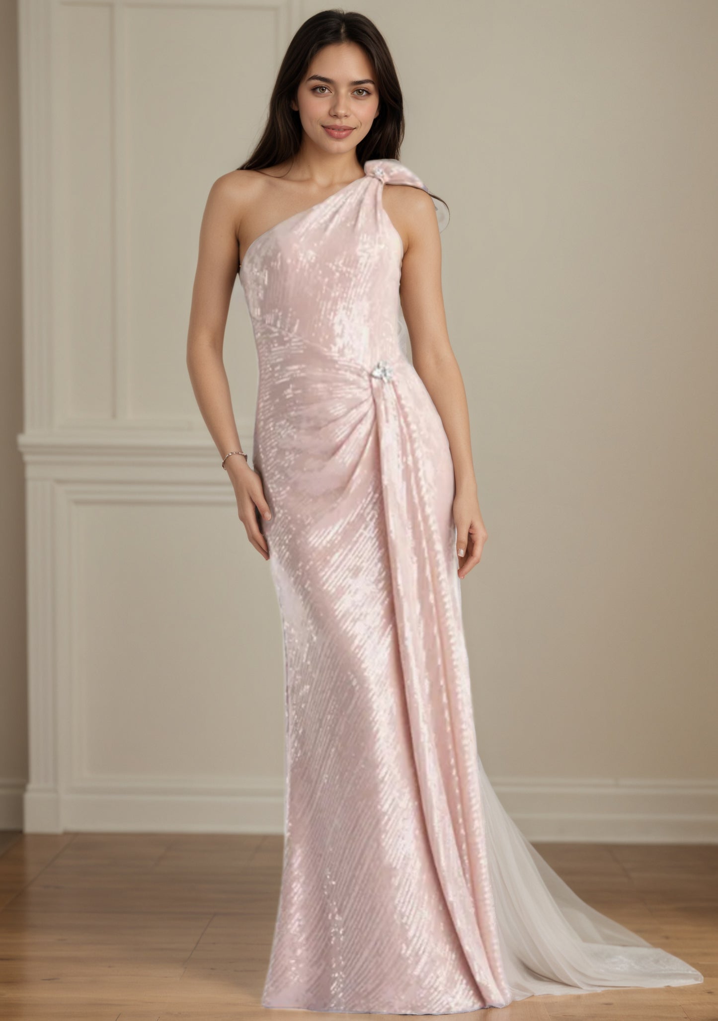 Chic Crystal Pink One Shoulder Sequined Party Dress Mother of Groom with Bow MG006