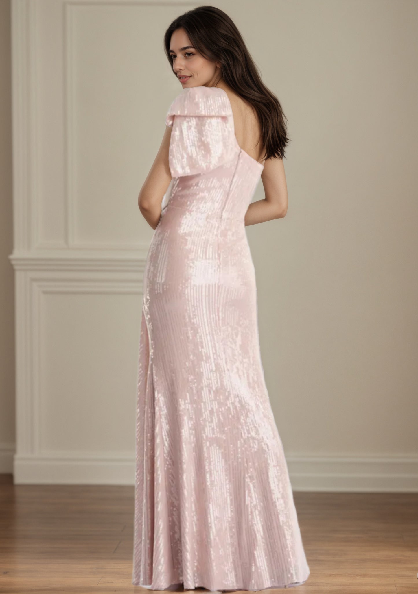Chic Crystal Pink One Shoulder Sequined Party Dress Mother of Groom with Bow MG006