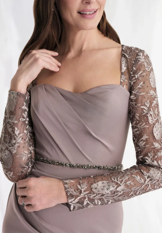 Elegant Beaded Embroidered Gray Long Sleeves Mother of the Bridal Gown MG007