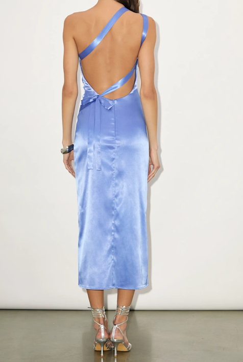 Elegant Blue One Shoulder Sheath Midi Satin Homecoming Dress HM034