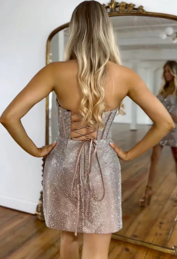 Luxury Brown Sweetheart Sheath Satin Homecoming Dress with Beads HM060