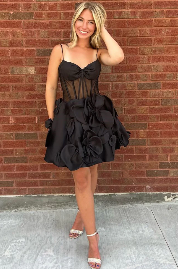 Graceful 3D Floral Pink A-line Satin Short Homecoming Dress HM094