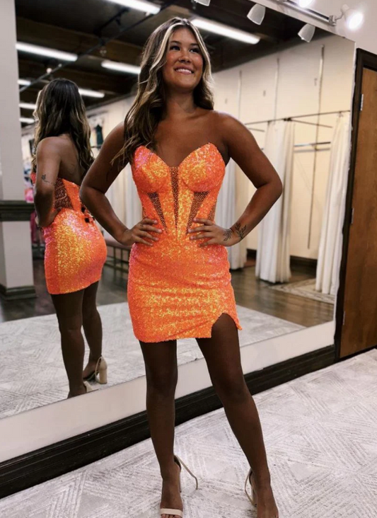 Stunning Beaded Orange Sweetheart Tight Homecoming Gown HM102